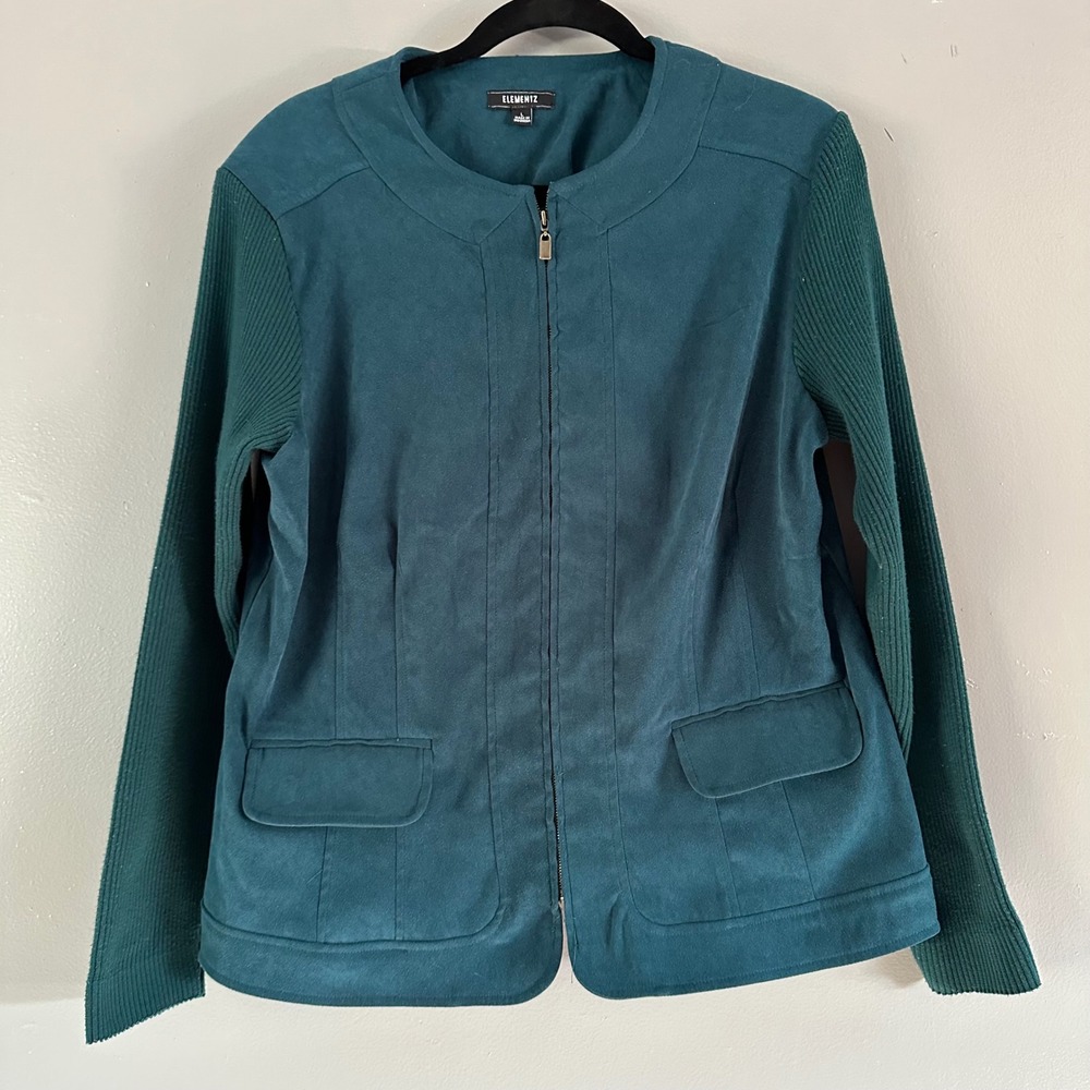 Elementz Faux Suede Zip Up Jacket with Knit Sleeves | Dark Teal‎